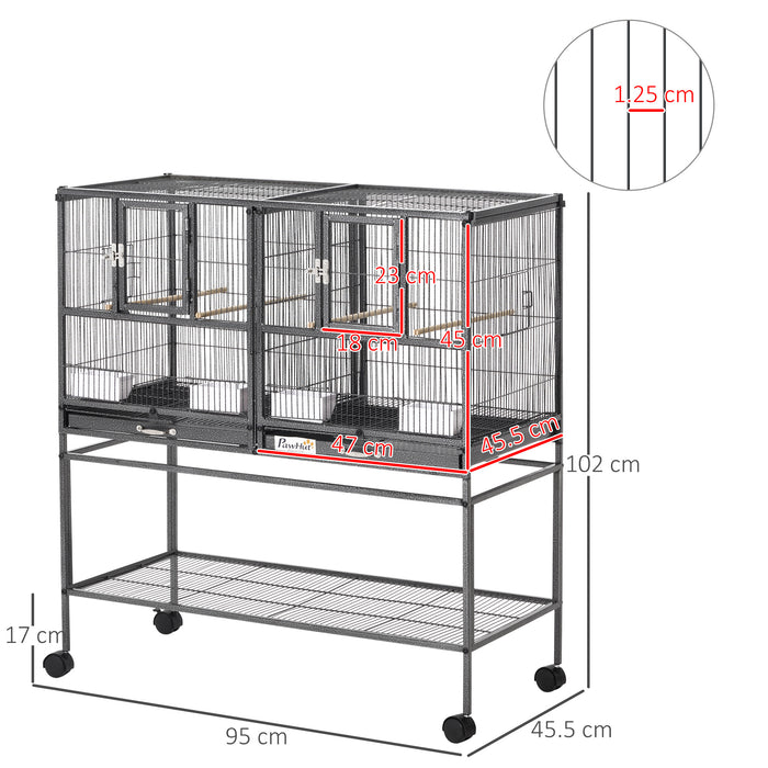 Deluxe Double Rolling Metal Parrot Cage - Includes Removable Tray, Storage, Wooden Perch & Food Holder - Ideal for Avian Pets & Bird Care Enthusiasts