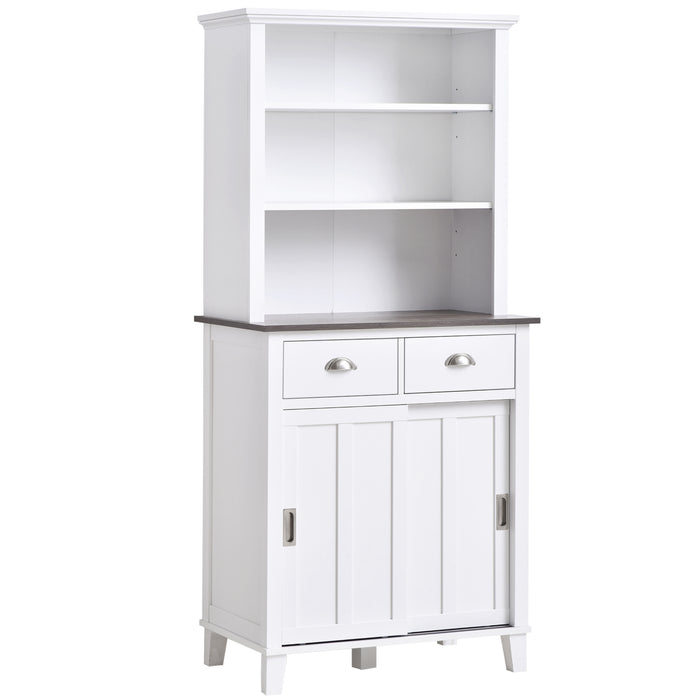 Freestanding Kitchen Cupboard with Sliding Doors - Adjustable Open Shelf Storage Cabinet, White - Ideal for Organizing Cookware and Dishware