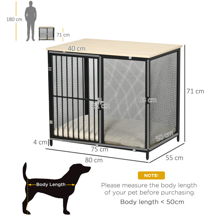 Indoor Wooden Dog Crate End Table with Cushion - Mesh Wall Pet Kennel with Sturdy Top - Stylish Furniture for Small to Medium Dogs