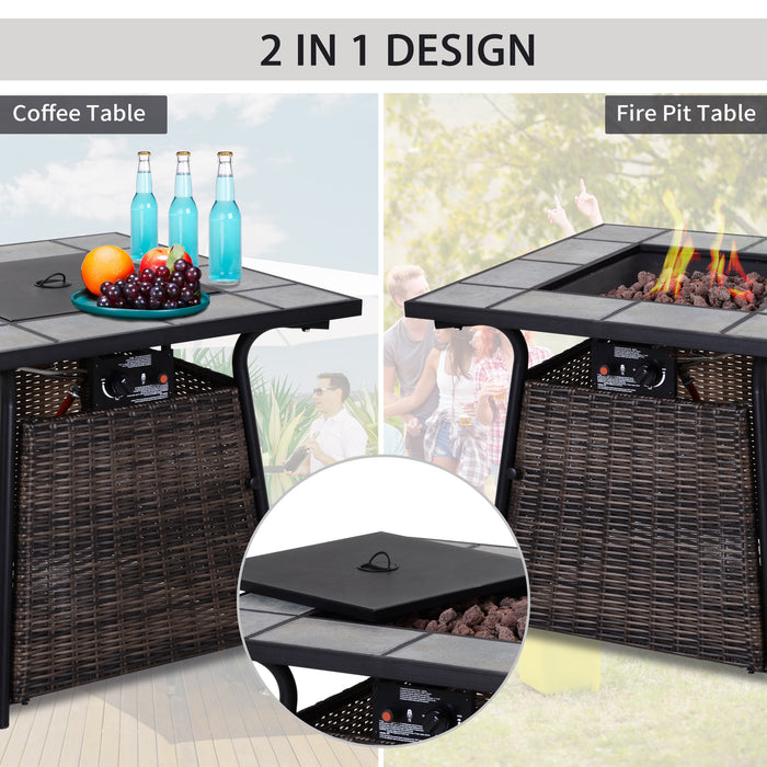 Wicker Gas Fire Pit with Lid, 80x80x69cm - Outdoor Patio Heater in Brown/Black - Perfect for Garden Gatherings and Cozy Evenings