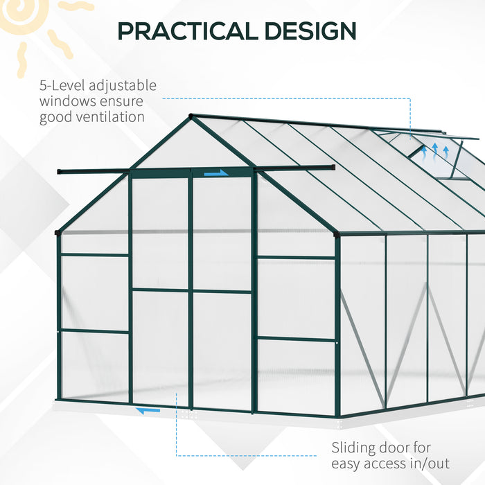 Aluminum Walk-In Greenhouse Kit - Polycarbonate Panels, Adjustable Roof Vent, Rain Gutter, 8x12ft - Ideal for Garden Enthusiasts & Green Thumbs