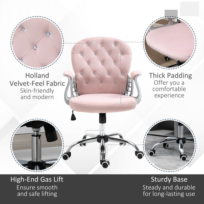 Ergonomic 360° Swivel Office Chair - Diamond Tufted Design, Velour Padded Seat, 5 Castor Wheels - Comfortable Home Work Seating in Pink