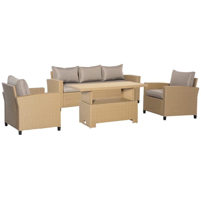 5-Seater PE Rattan Sofa Set - Outdoor Patio Conversation Ensemble with Aluminium Frame and Wood-Grain Plastic Table in Khaki - Perfect for Garden Entertaining and Lounging