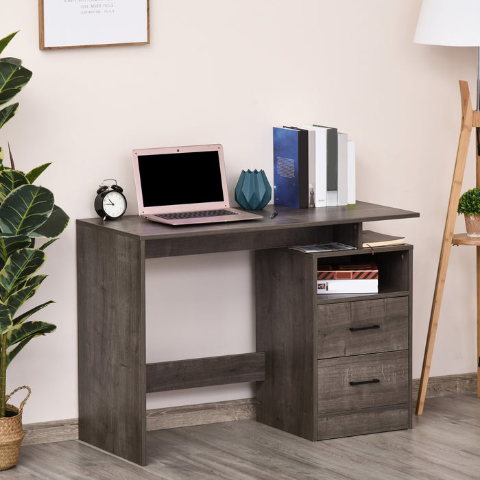 Grey Wood Computer Desk - Study and Writing Table with Storage Shelf and Drawer - Ideal for Home Office and Study Room Use