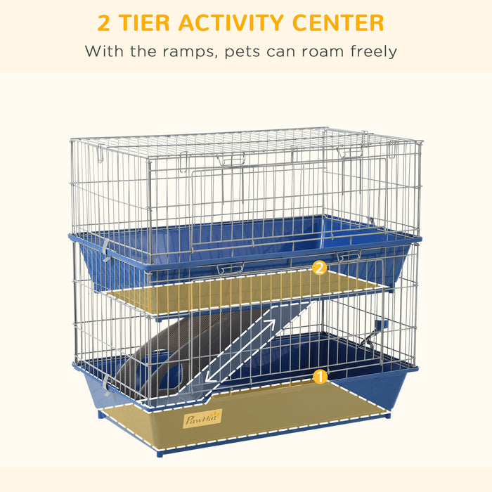 Small Pet Habitat - Blue Metal 2-Tier Cage with Sturdy Construction - Ideal for Hamsters, Gerbils, and Mice Comfort