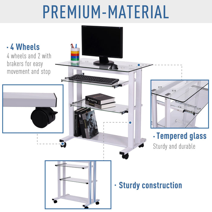 Mobile Glass Computer Desk - Wheeled Laptop Workstation with Sleek White Finish - Ideal for Home Office and Small Spaces