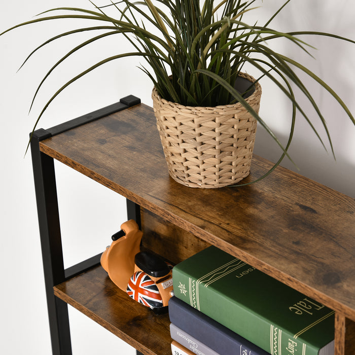 Industrial Corner Desk with Storage Shelves - L-Shaped Workstation with Steel Frame and Adjustable Feet - Home Office Study Furniture in Stylish Brown and Black