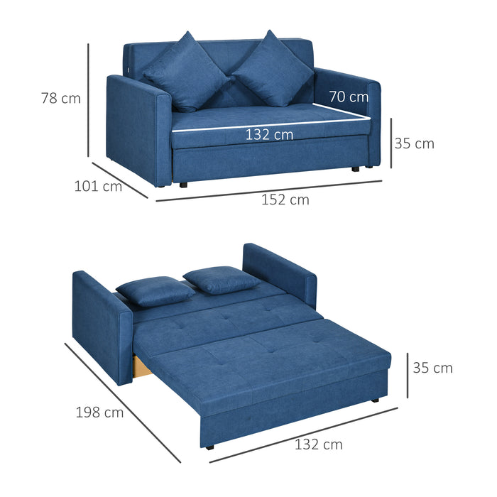 Convertible Fabric Loveseat Sofa Bed with Cushions - 2-Seater Settee with Hidden Storage, Modern Design - Ideal for Guest Room, Dark Blue