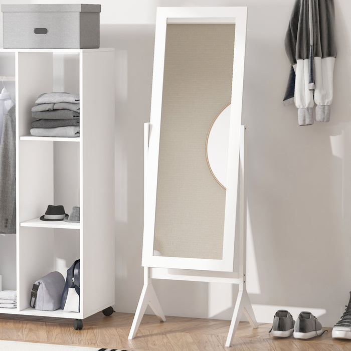 Freestanding Full-Length Bedroom Mirror - Tall 148x47cm with Adjustable Viewing Angle, White Finish - Ideal for Outfit Checks and Room Ambiance Enhancements