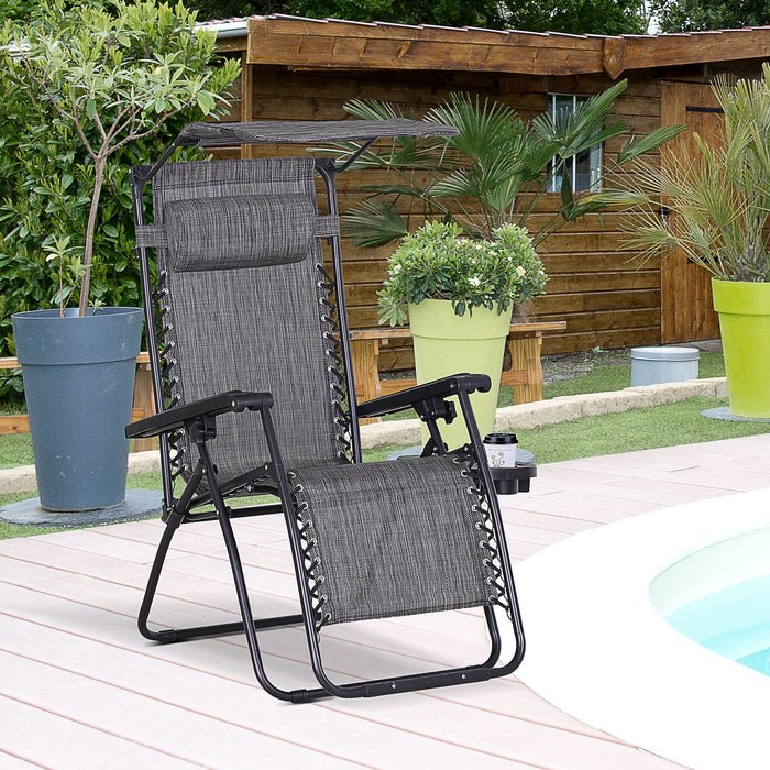 Zero Gravity Recliner with Cup Holder and Canopy Shade - Outdoor Folding Patio Sun Lounger - Ideal for Garden Deck Relaxation and Comfort