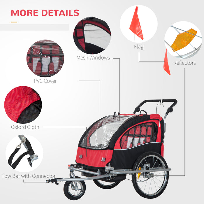 Bike Trailer 2-Seater - Durable Steel Framed Bicycle Baby Child Carrier in Black and Red - Safe Transport Solution for Toddlers and Kids