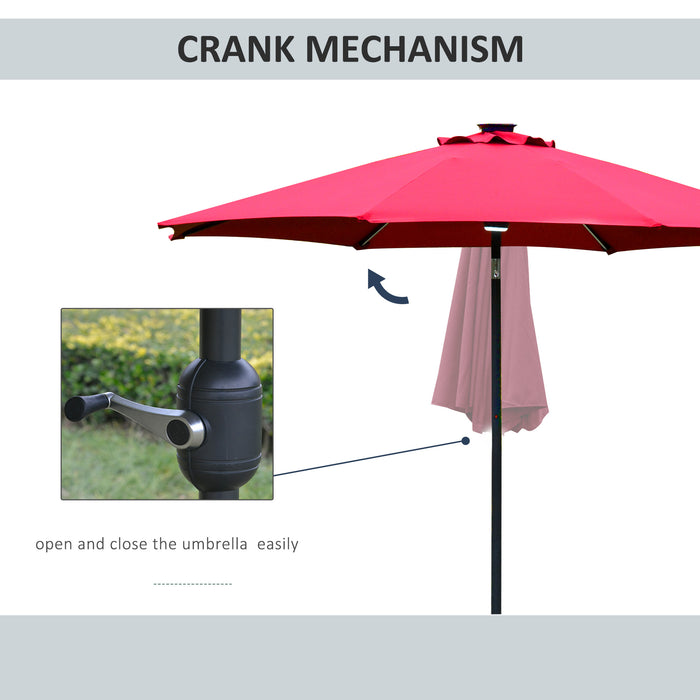 Garden Parasol Sun Umbrella 2.7m with Solar LED Lights - Angled Canopy, Air Vent, and Crank Tilt Features in Vibrant Red - Ideal Summer Patio Shelter for Day and Night