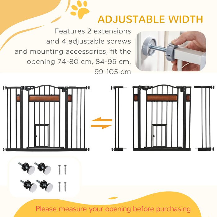 Auto Close Dog Gate with Cat Flap - Pine Wood Pet Safety Barrier with Double Locking System - Ideal for Doorways, Stairs & Indoor Areas, Adjustable Width 74-105cm, Elegant Black Finish