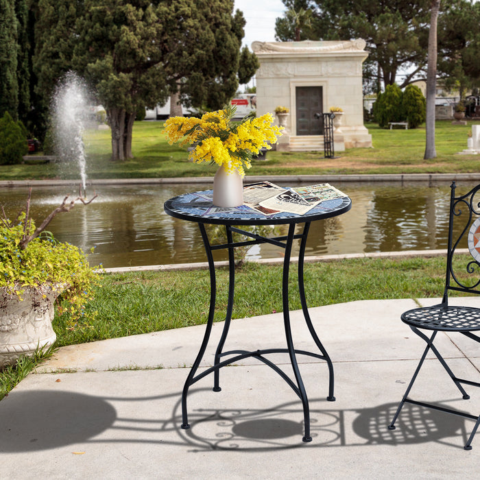 Outdoor Mosaic Accent Table - 60cm Ceramic-Topped Round Bistro & Coffee Table in Blue and White - Ideal for Garden & Patio Entertaining