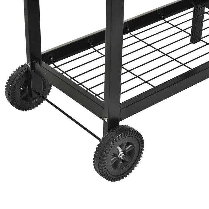 Black Charcoal BBQ Trolley with Dual Grill - Adjustable Heat-Resistant Grill Nets for Outdoors - Portable Garden Barbecue with Wheels for Easy Movement