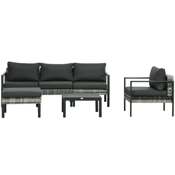 Outdoor Patio Seating Combo - 6-Piece Set with Sofa, Armchair, Stool & Metal Table, Charcoal Grey Cushions - Ideal for Garden and Backyard Lounging