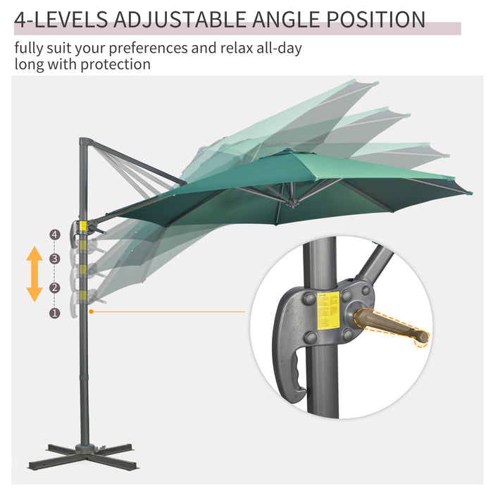 Cantilever Parasol 3x3m with Cross Base - 360° Rotating Outdoor Umbrella with Crank Handle and Tilt, Green - Ideal Sunshade for Garden, Patio Use