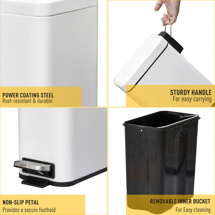 5L Rectangular Pedal Bin - Stainless Steel Body with Quiet-Close Lid and Removable Inner Bucket - Ideal for Tidy Trash Management in Home or Office