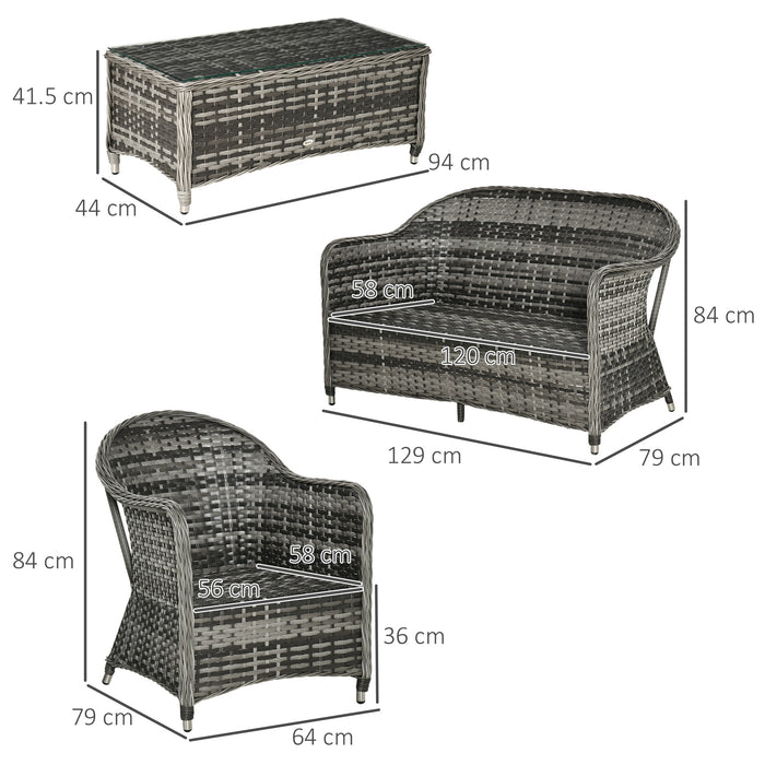 4-Seater PE Rattan Wicker Sofa Set - Outdoor Conservatory Patio Furniture with Coffee Table and Grey Cushions - Ideal for Lawn Gatherings and Relaxation