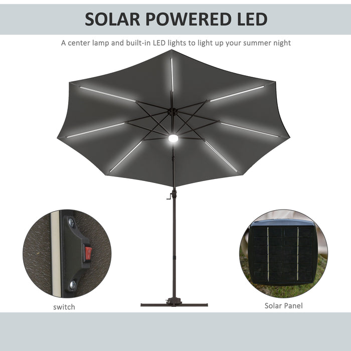 LED Solar-Powered Cantilever Parasol with Base - Durable Outdoor Sun Umbrella, 3m Coverage, Dark Grey - Ideal Shade Solution for Patio or Garden