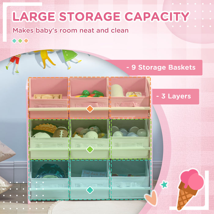 9-Bin Kids Storage Organizer - Removable Baskets Toy Box with Bookshelf - Nursery & Playroom Clutter Solution in Pink