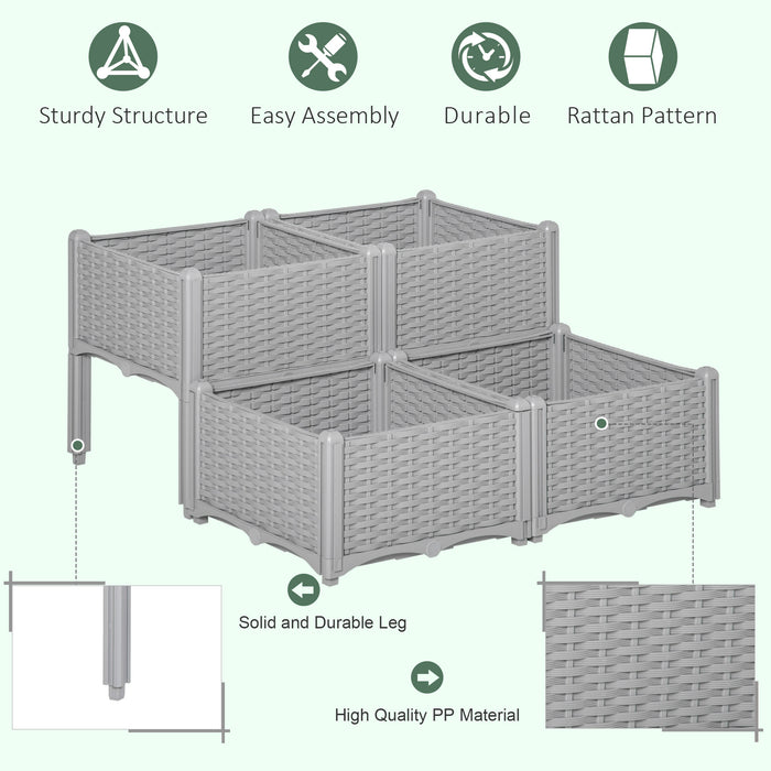 4-Piece Elevated Garden Bed Kit - Patio Flower & Vegetable Planter Boxes in Grey Polypropylene - Ideal for Outdoor Gardening enthusiasts