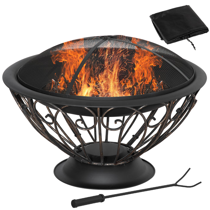 Metal Garden Fire Pit with Accessories - Outdoor Fireplace with Spark Screen, Poker, Log Grate, and Rainproof Cover in Bronze - Ideal Patio Heater for Cozy Evenings