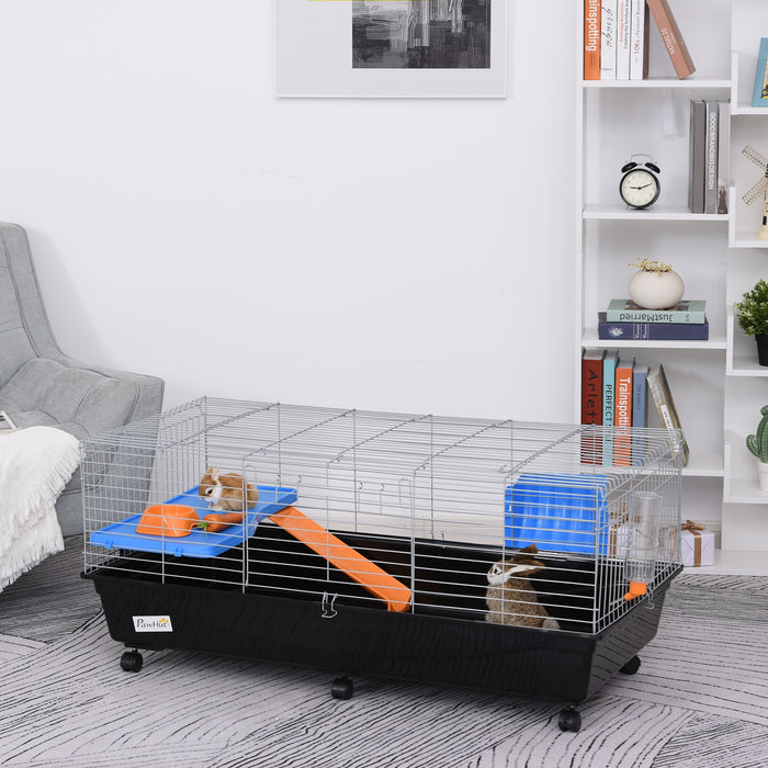 2-Tier Steel Guinea Pig Hut - Medium-Sized Dual-Level Cage with Accessories, Blue/Orange - Ideal for Small Guinea Pigs