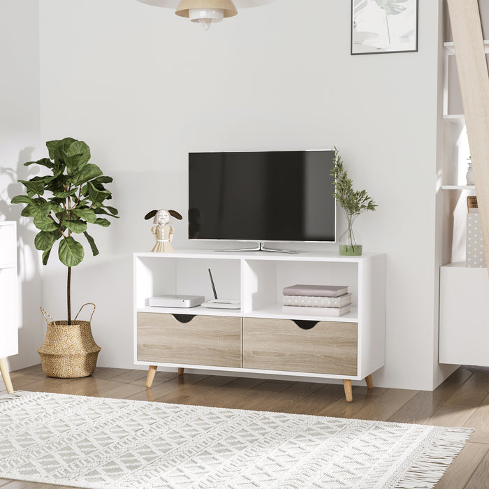 Modern White/Oak Finish Particle Board TV Stand - Spacious Media Unit with Ample Storage - Ideal for Contemporary Home Entertainment Setup