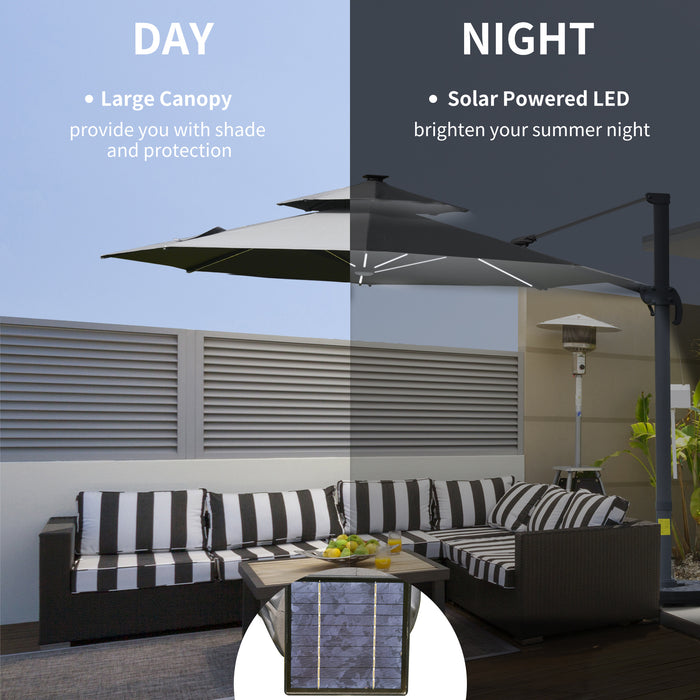 3M Adjustable Cantilever Parasol with Solar Lights - Power Bank, Cross Base, 360° Rotation, 2-Tier Canopy for Garden - Outdoor Sunshade Umbrella for Patio Comfort and Style