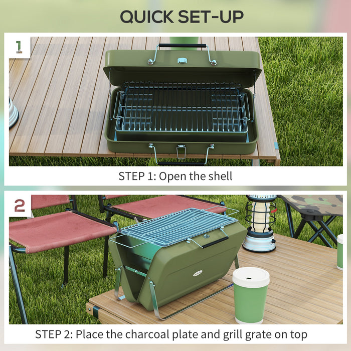 Foldable Mini Charcoal BBQ Grill in Green - Compact Suitcase Design for Easy Transport - Ideal for Picnics, Camping and Outdoor Cooking