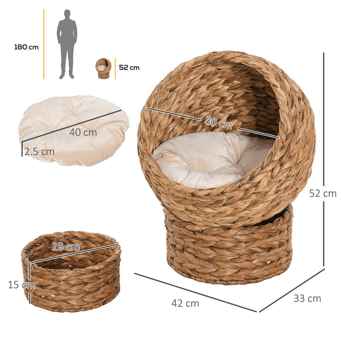 Raised Rattan Wicker Cat Bed - 42x33x52cm Basket with Soft Washable Cushion - Stylish and Comfy Napping Spot for Cats