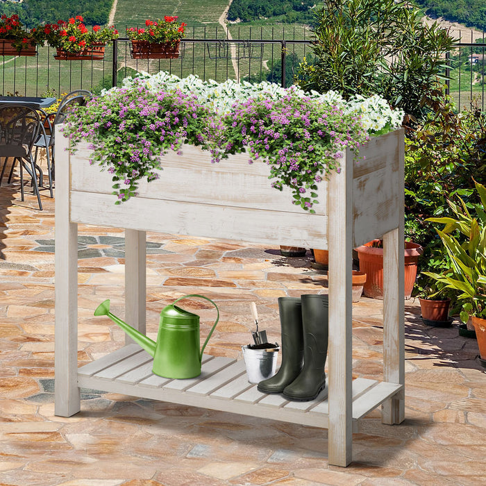 Elevated 2-Tier Wooden Planter Bed with 4 Pockets - Sturdy Raised Garden Box for Vegetables, Flowers, and Herbs - Ideal for Backyard and Patio Gardening in White