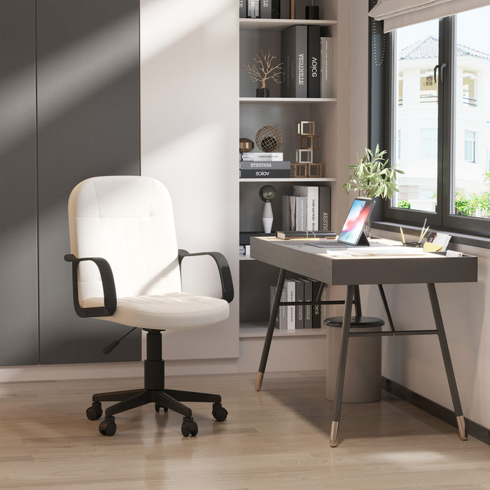 Swivel Mid-Back Executive Chair in Cream PU Leather - Comfortable Desk Chair with Arms and Wheels for Home Office - Ideal for Adults Seeking Style and Mobility