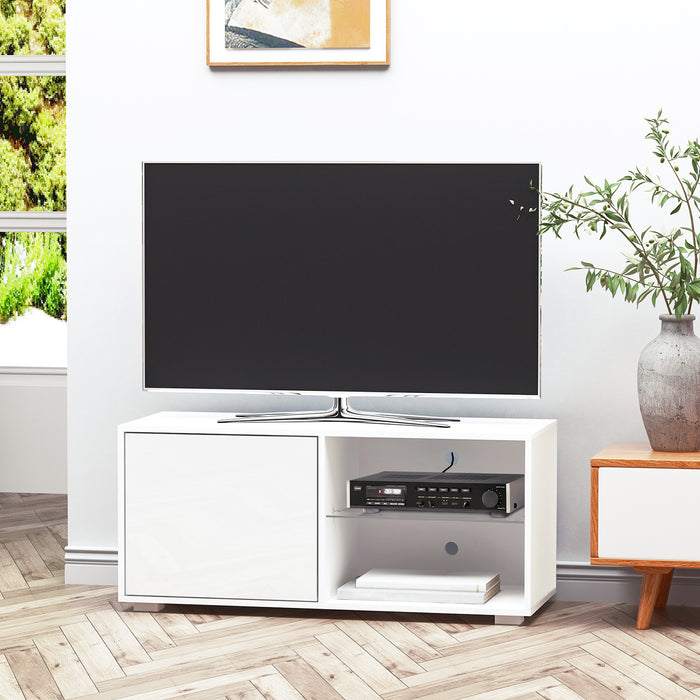 High Gloss White TV Stand Media Unit - Contemporary Cabinet with 2 Shelves and Storage - Ideal for Living Rooms and Office Spaces