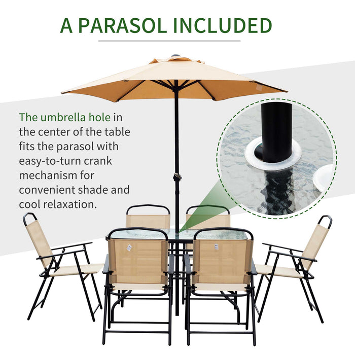 Outdoor Elegance Dining Collection - 8-Piece Textilene Patio Set with Umbrella in Beige - Ideal for Garden Parties and Family Gatherings