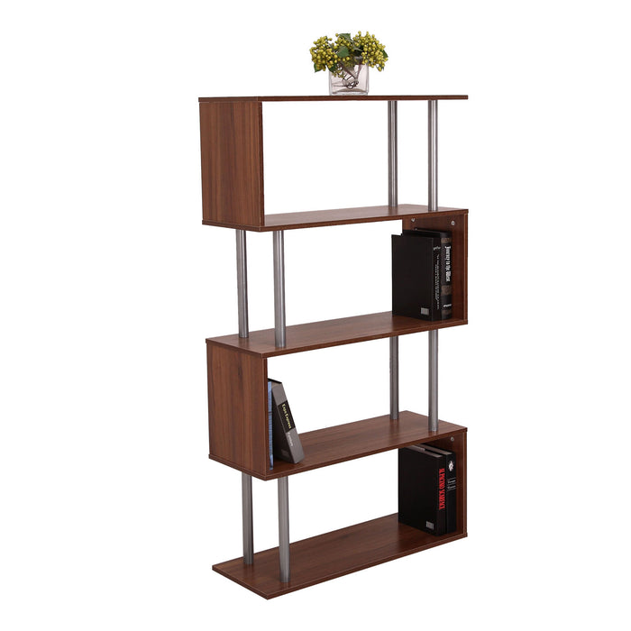 4-Tires Wooden S-Shape Bookshelf - Contemporary Storage & Display Unit with Steel Frame - Ideal for Living Room, Bedroom, Office in Walnut Finish