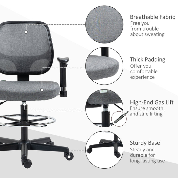 Adjustable Tall Drafting Chair with Footrest Ring - Ergonomic Fabric Chair for Standing Desks with Swivel Wheels, Armrests, Grey - Ideal for Designers and Architects