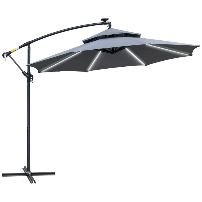 Cantilever Banana Parasol with Solar LED Lights - Outdoor Double-Roof Hanging Umbrella, Crank System, 8 Rib Support - Ideal for Garden & Patio Shade