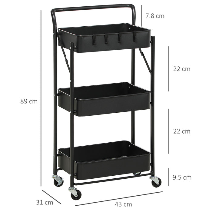 Foldable 3-Tier Rolling Utility Cart - Mesh Basket Storage with 4 Hooks, Black - Space-Saving Organizer for Living Room, Laundry, Kitchen