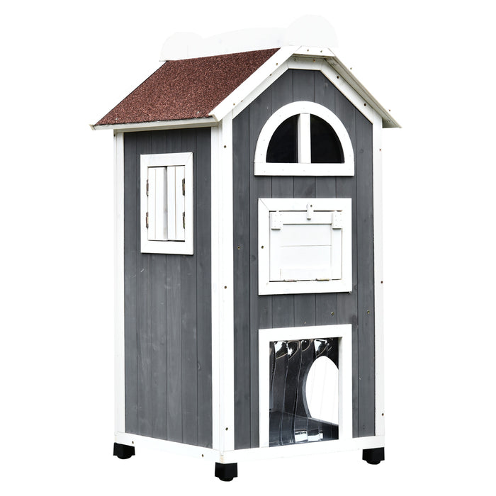 Outdoor Cat Shelter - Weatherproof Wooden 2-Floor Cat House with Condo Cave - Ideal Pet Retreat for Indoor/Outdoor Use, Grey and White