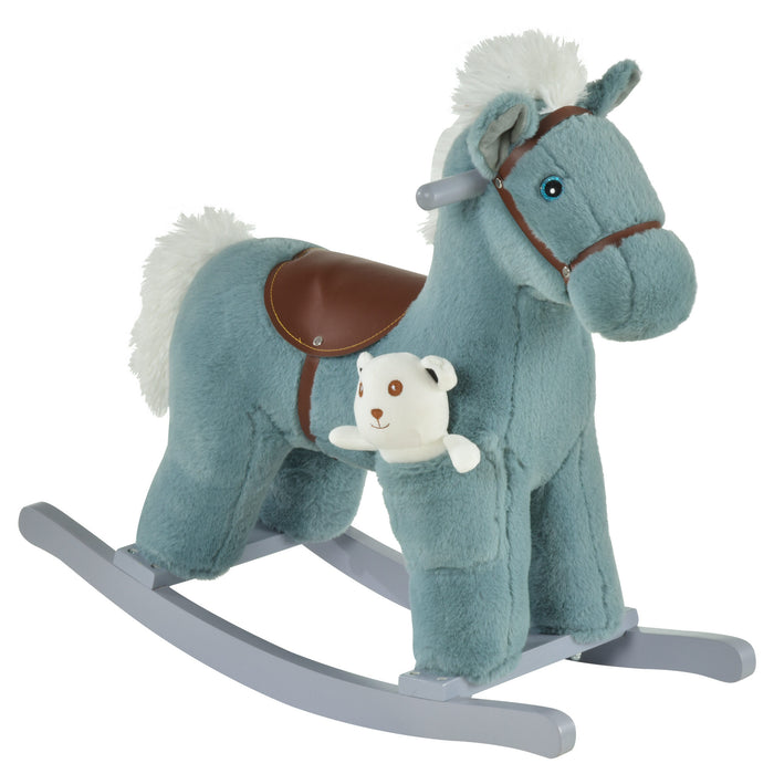 Kids Plush Ride-On Rocker - Wooden Rocking Horse with Soft Plush Toy and Realistic Sounds - Ideal for Toddlers 18-36 Months, Soothing Blue Hue