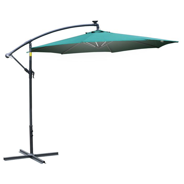 3M Cantilever Patio Banana Parasol - LED, Crank, Cross Base, Offset Hanging Design in Green - Perfect for Garden, Outdoor Table Shade & Entertainment