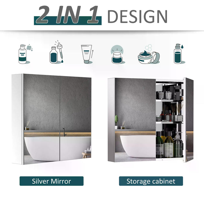 Stainless Steel Double Door Mirror Cabinet - Sleek Bathroom Storage Solution with Reflective Surfaces - Ideal for Organizing Toiletries and Enhancing Space