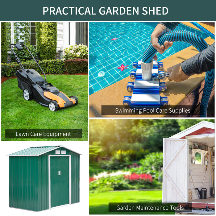 Large 7x4 ft Lockable Metal Garden Shed - Roofed Patio Tool Storage Building with Foundation - Ideal for Outdoor Furniture and Equipment Security, Green