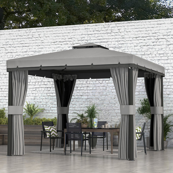 Patio Gazebo Canopy 3x3m - Garden Pavilion Tent with 2-Tier Roof, Netting, Curtains in Light Grey - Ideal for Outdoor Parties, Relaxation & Shelter