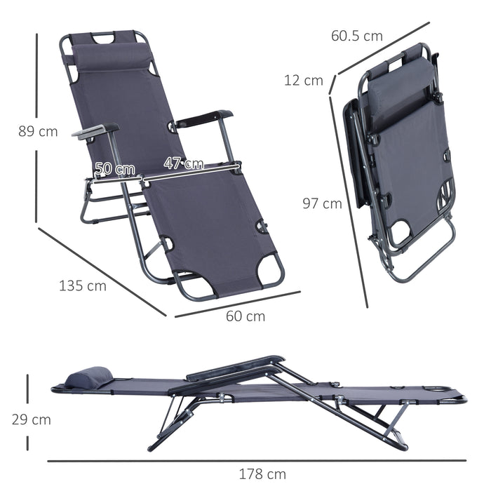 Foldable Sun Lounger Set with Adjustable Back - Reclining Garden Chairs with Pillow and Armrests in Grey - Perfect for Outdoor Relaxation and Comfort