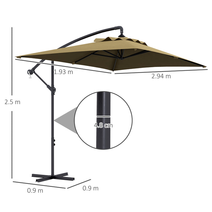 Rectangular Cantilever Parasol 3x2m - Hanging Banana Umbrella with Crank Handle and Sturdy 6-Rib Structure, Cross Base Included - Ideal for Outdoor Patio Sun Protection