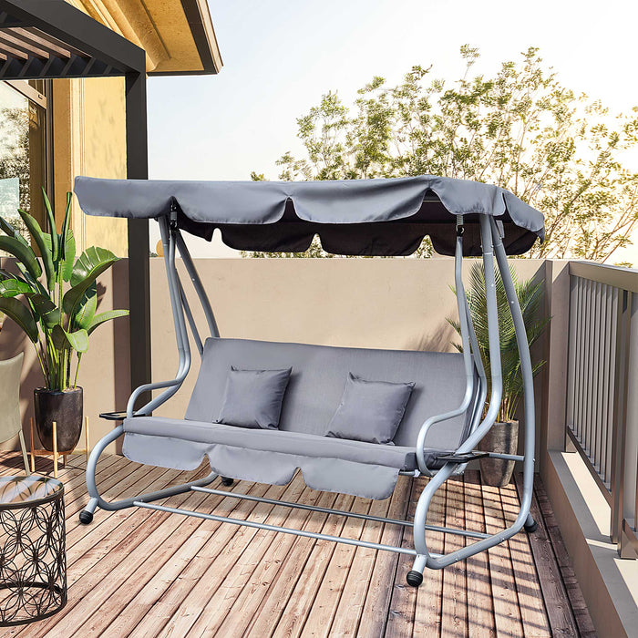 3 Seater Swing Chair with Tilting Canopy - 2-in-1 Garden Swing Seat and Bed with 2 Cushions in Grey - Versatile Hammock Bench for Relaxing Outdoors