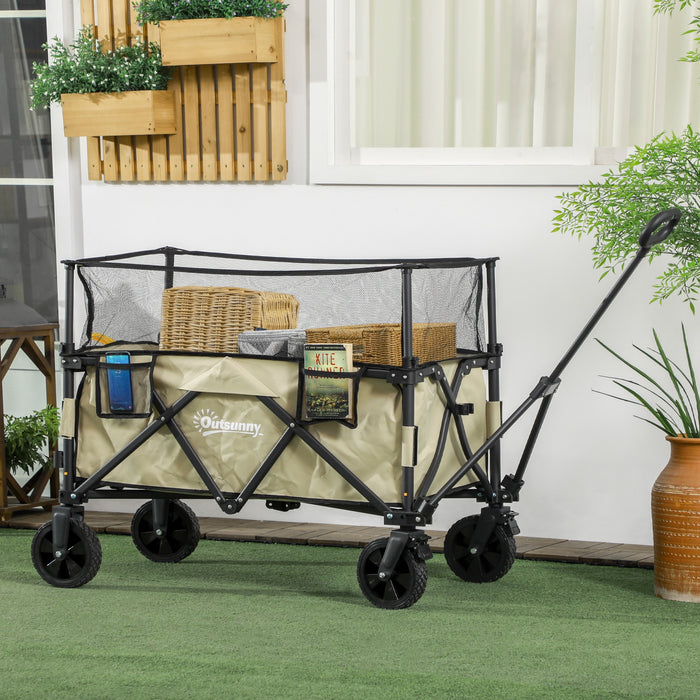 Folding Garden Trolley Wagon - 180L Capacity, Extendable Side Walls, Multipurpose Cart, Khaki - Ideal for Beach, Camping, Festivals